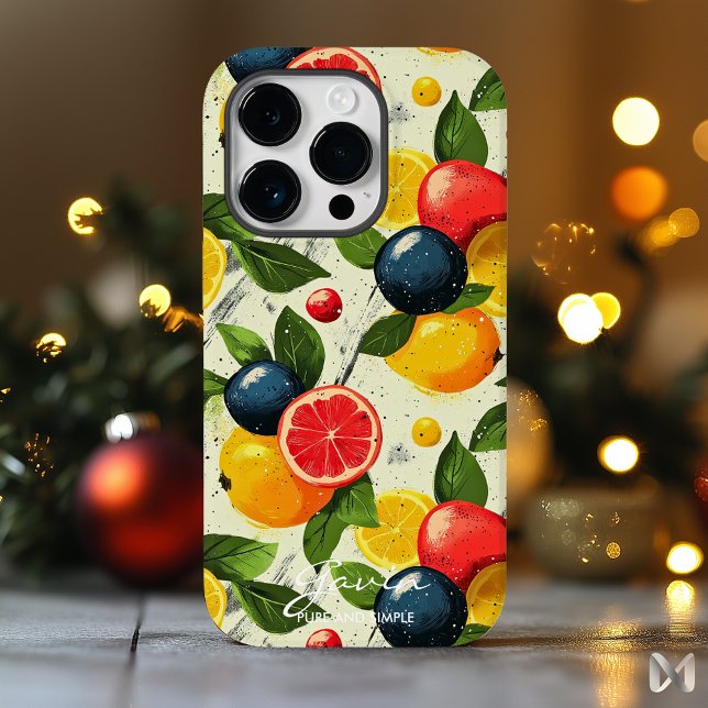 Colourful Citrus and Fruit Pattern with Name Quote iPhone Case (Creator Uploaded)
