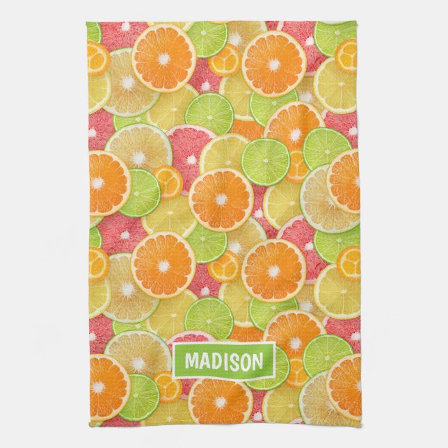 Colourful Citrus custom name Tea Towel (Vertical)
