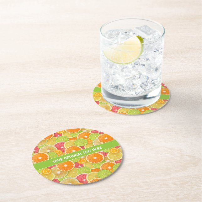 Colourful Citrus custom text paper coasters (Insitu)