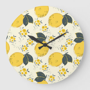 Colourful citrus, lemon flower pattern. large clock