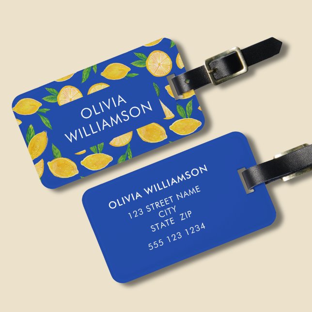Colourful Citrus Lemon pattern Luggage Tag (Lemon pattern personalised luggage tag with blue background.)