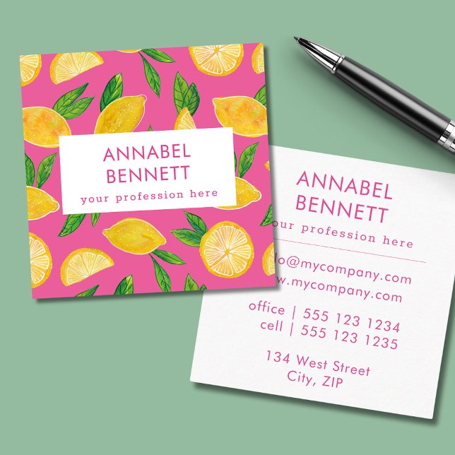 Colourful Citrus Lemon pattern Square Business Card (Citrus lemon pink professional square business cards.)