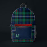Colourful Clan Robertson Plaid Monogrammed  Printed Backpack<br><div class="desc">Stylish looking backpack done in the green,  blue,  red,  black and white clan Robertson Scottish tartan pattern.  Graphics of a blue and red leather pattern,  covers the pocket area.  Personalise the one letter monogram to suit your needs. Great for school,  work,  travel and more.</div>
