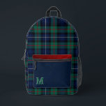 Colourful Clan Robertson Plaid Monogrammed  Printed Backpack<br><div class="desc">Stylish looking backpack done in the green,  blue,  red,  black and white clan Robertson Scottish tartan pattern.  Graphics of a blue and red leather pattern,  covers the pocket area.  Personalise the one letter monogram to suit your needs. Great for school,  work,  travel and more.</div>