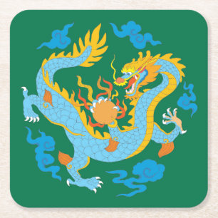 Colourful Classic Chinese Dragon Square Paper Coaster