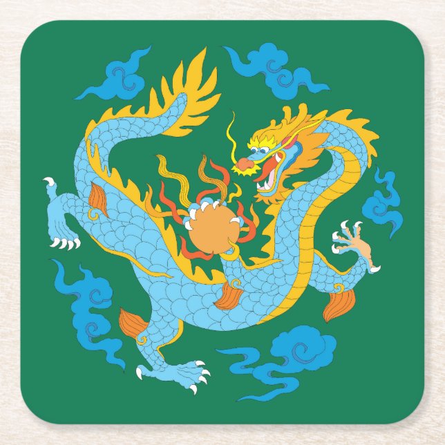 Colourful Classic Chinese Dragon Square Paper Coaster (Front)