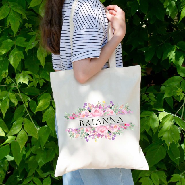 Colourful Classy Flowers Bridesmaid Custom Name Tote Bag (Creator Uploaded)