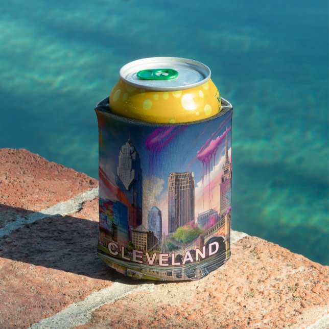 Colourful Cleveland Skyline Abstract Art Can Cooler (In Situ Pool)