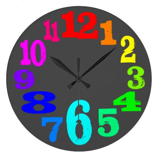 Image of colourful clock numbers against grey background