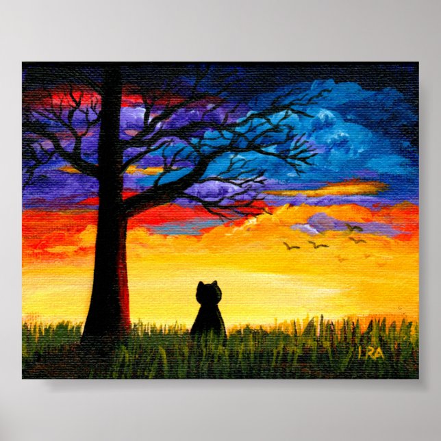 Colourful Clouds Landscape Tree Black Cat Poster (Front)