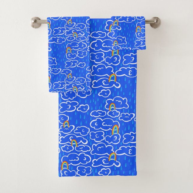 Colourful Clouds Rain Rainbow Blue Pattern Bath Towel Set (Insitu)