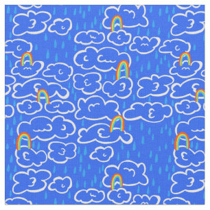 Colourful Clouds Rain Rainbow Blue Pattern Fabric