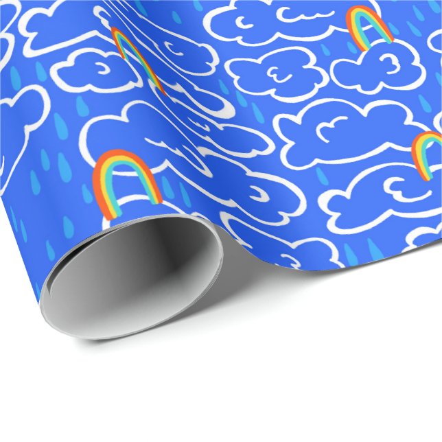 Colourful Clouds Rain Rainbow Blue Pattern Wrapping Paper (Roll Corner)