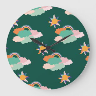 Colourful Clouds Rainbows Seamless Pattern Large Clock