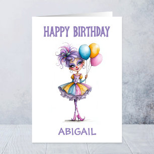 Colourful Clown Girl Holding Balloons Birthday Card