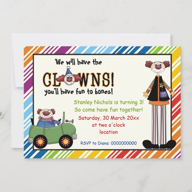 Colourful clown striped border kids birthday invit invitation (Front)