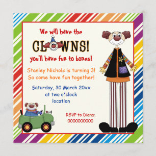 Colourful clown striped border kids birthday invitation