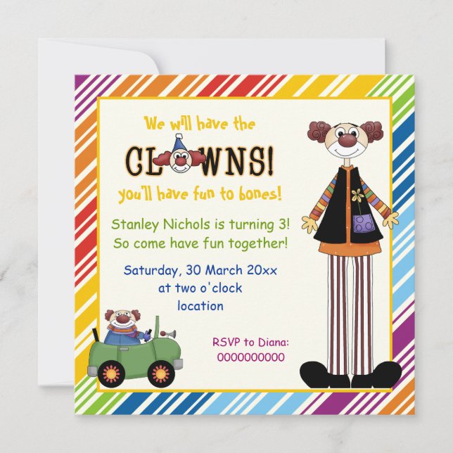 Colourful clown striped border kids birthday invitation (Front)