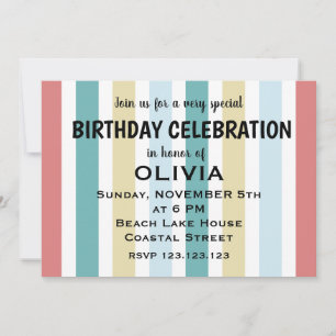 Colourful Coastal Beach Stripes Birthday  Invitation