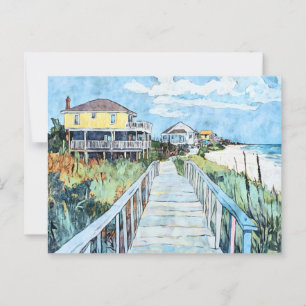 Colourful Coastal Boardwalk and Beach Houses Postcard