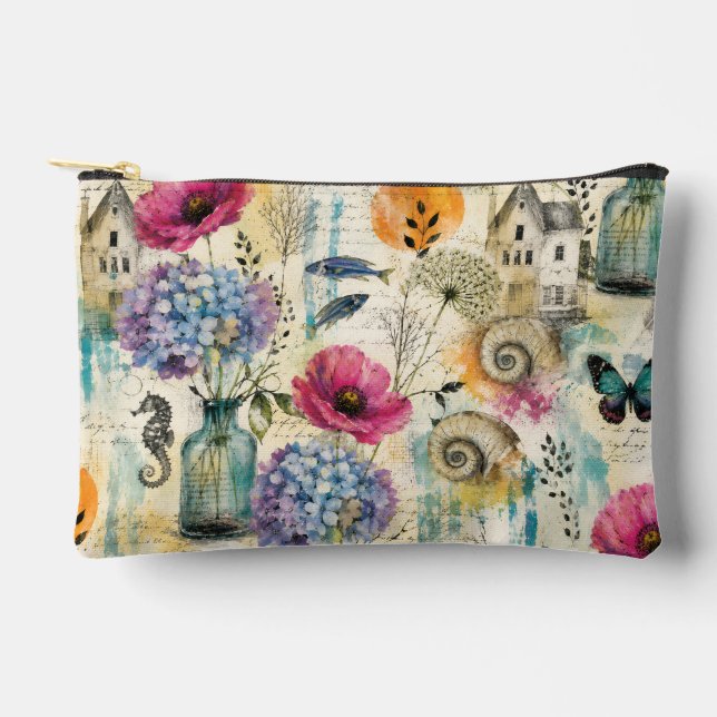 Colourful Coastal Botanical watercolor Pattern Accessory Pouch (Front)