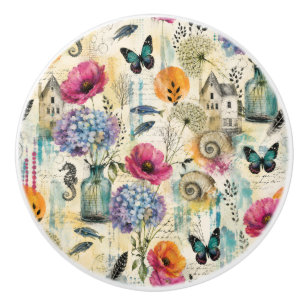 Colourful Coastal Botanical watercolor Pattern Ceramic Knob