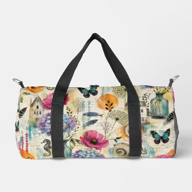 Colourful Coastal Botanical watercolor Pattern Duffle Bag (Front)