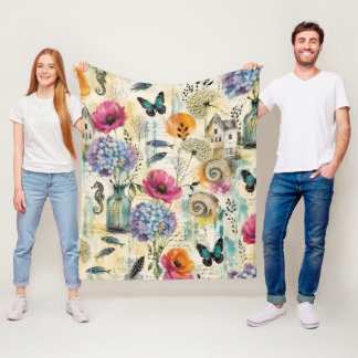 Colourful Coastal Botanical watercolor Pattern Fleece Blanket