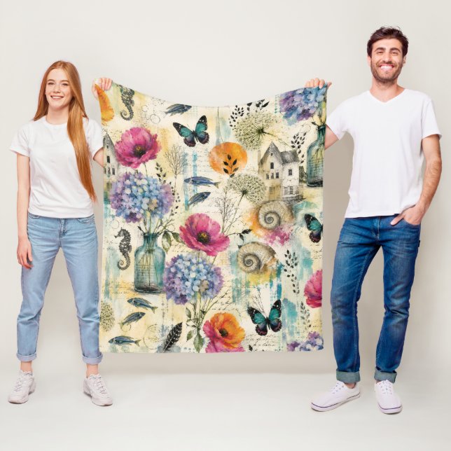 Colourful Coastal Botanical watercolor Pattern Fleece Blanket (In Situ)