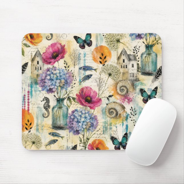 Colourful Coastal Botanical watercolor Pattern Mouse Mat (With Mouse)