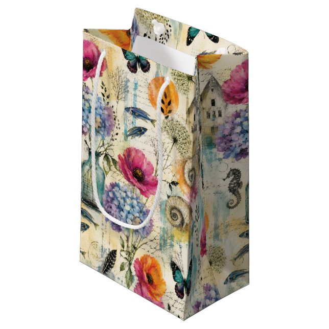 Colourful Coastal Botanical watercolor Pattern Small Gift Bag (Front Angled)