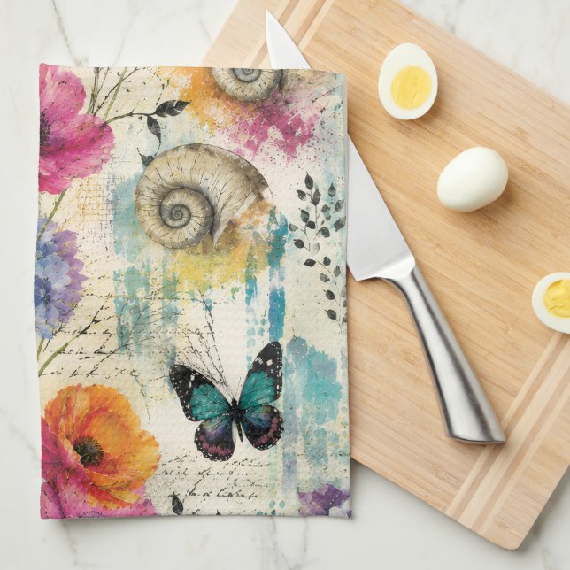 Colourful Coastal Botanical watercolor Pattern Tea Towel (Quarter Fold)