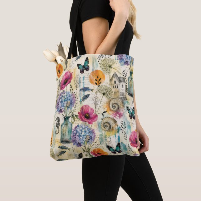 Colourful Coastal Botanical watercolor Pattern Tote Bag (Close Up)