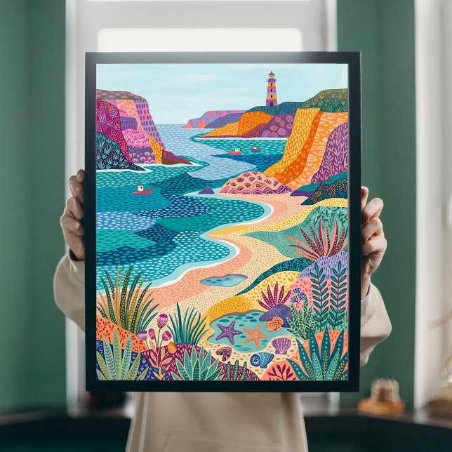 Colourful Coastal Folk Art Lighthouse Beach Canvas Poster (Creator Uploaded)