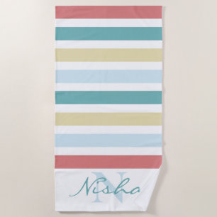 Colourful Coastal Monogram Stripes Beach Towel
