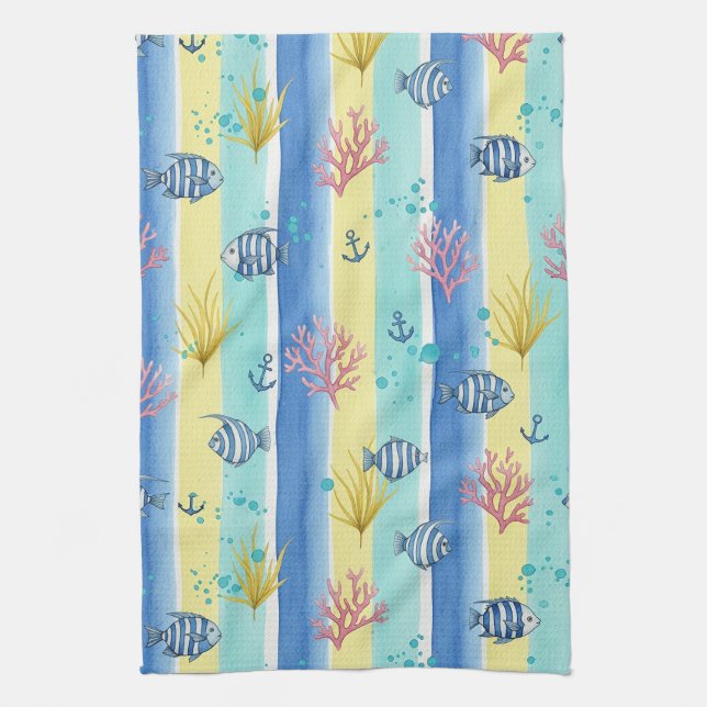 Colourful Coastal Sea Life Pattern (10) Tea Towel (Vertical)