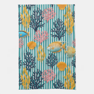 Colourful Coastal Sea Life Pattern (12) Tea Towel