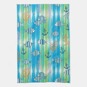 Colourful Coastal Sea Life Pattern (13) Tea Towel