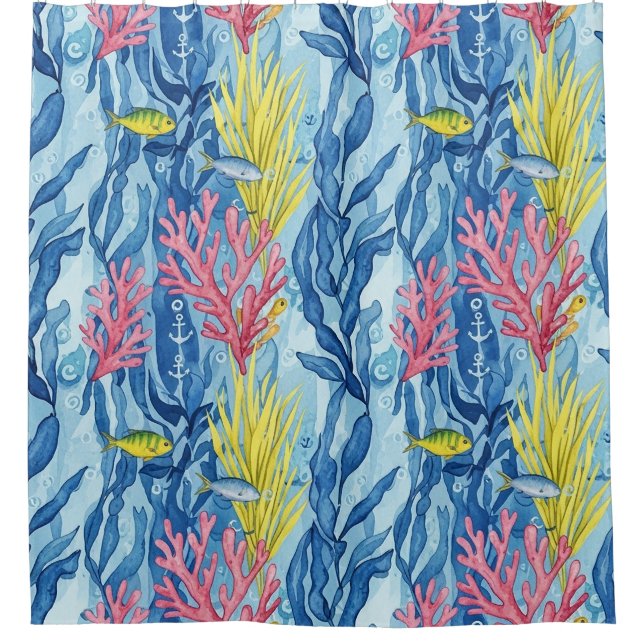 Colourful Coastal Sea Life Pattern (1) Shower Curtain (Front)