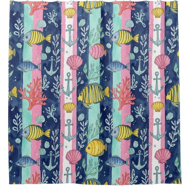 Colourful Coastal Sea Life Pattern (2) Shower Curtain (Front)