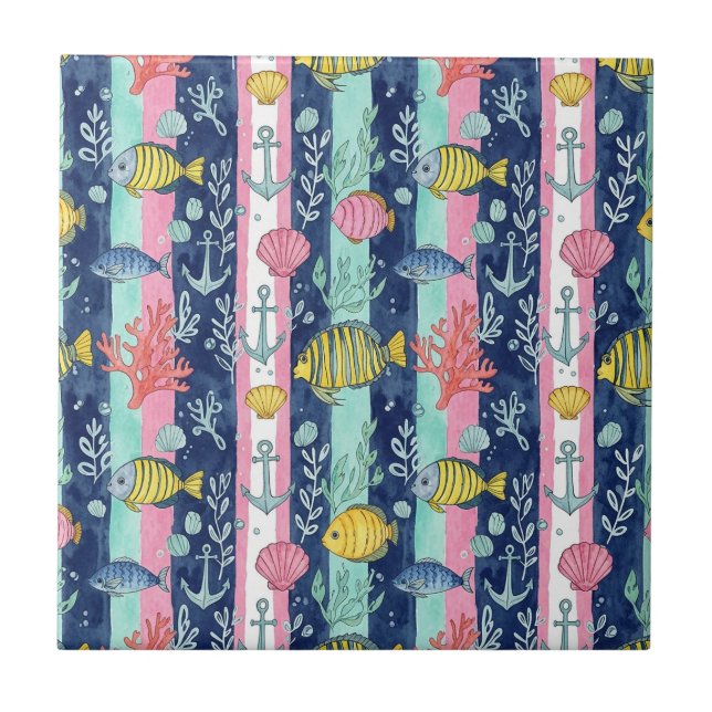 Colourful Coastal Sea Life Pattern (2) Tile (Front)
