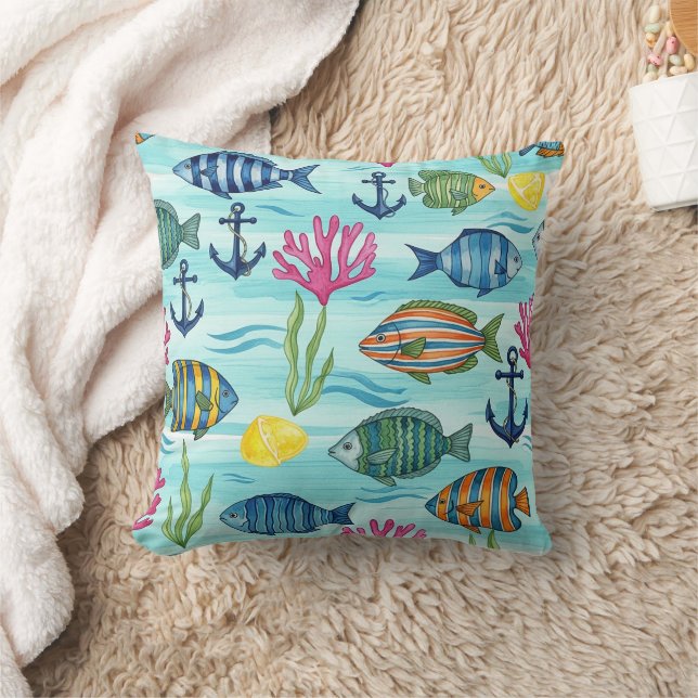 Colourful Coastal Sea Life Pattern (3) Cushion (Blanket)