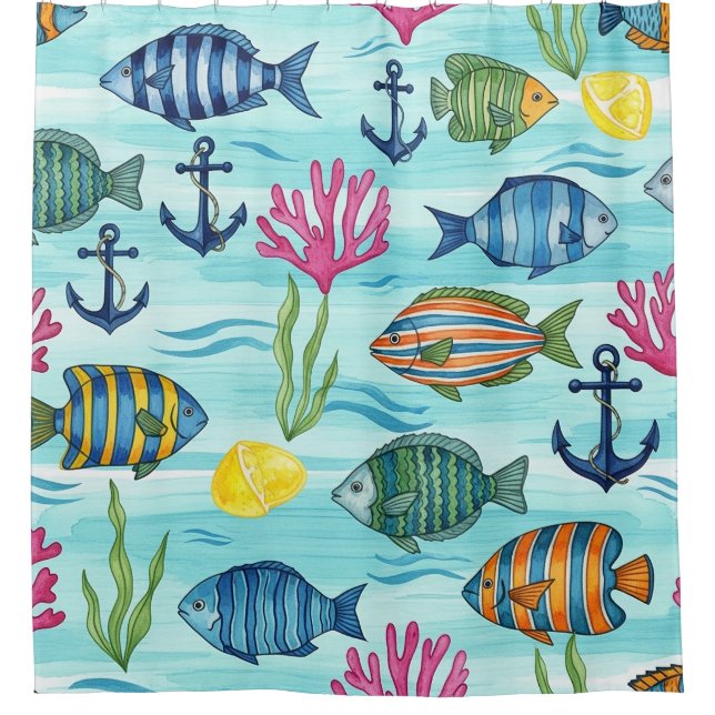 Colourful Coastal Sea Life Pattern (3) Shower Curtain (Front)