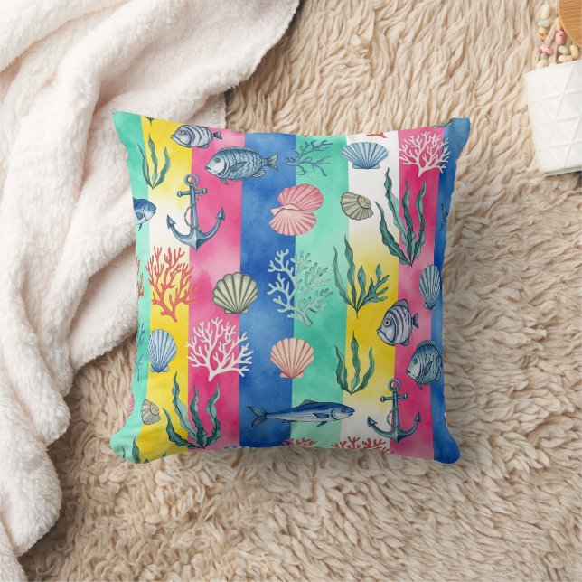 Colourful Coastal Sea Life Pattern (6) Cushion (Blanket)