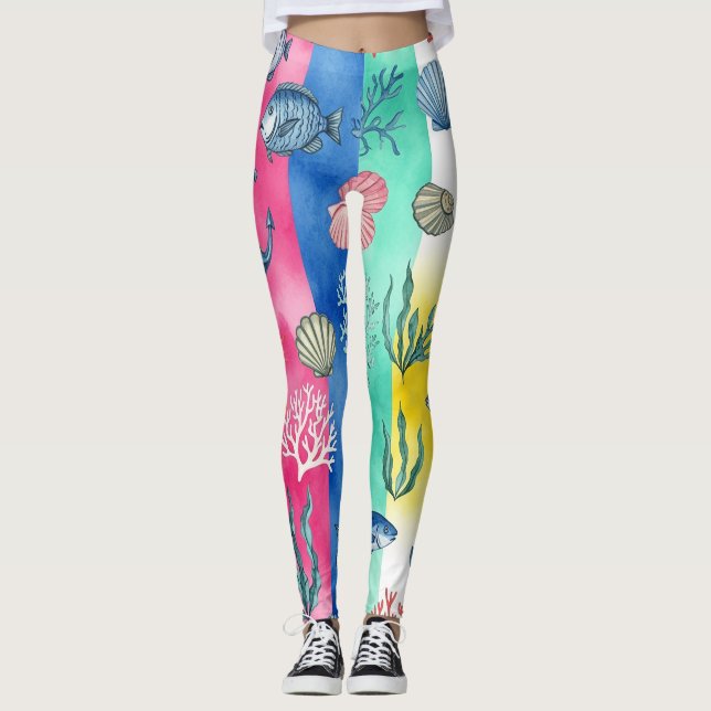 Colourful Coastal Sea Life Pattern (6) Leggings (Front)