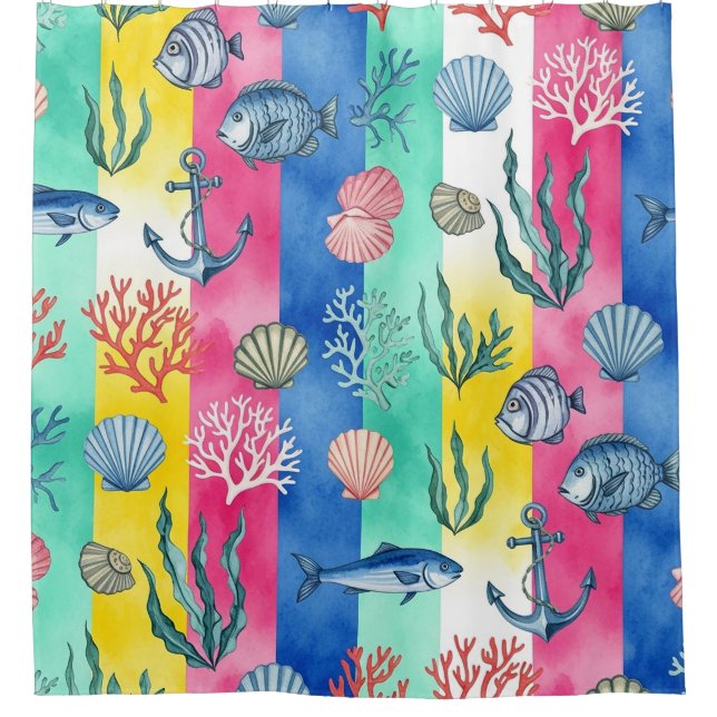 Colourful Coastal Sea Life Pattern (6) Shower Curtain (Front)