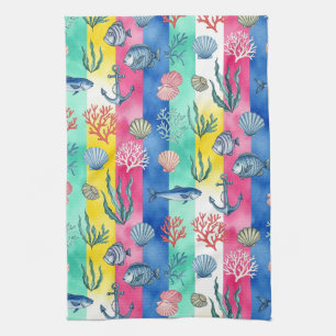 Colourful Coastal Sea Life Pattern (6) Tea Towel
