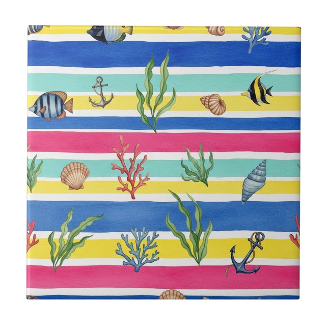 Colourful Coastal Sea Life Pattern (7) Tile (Front)