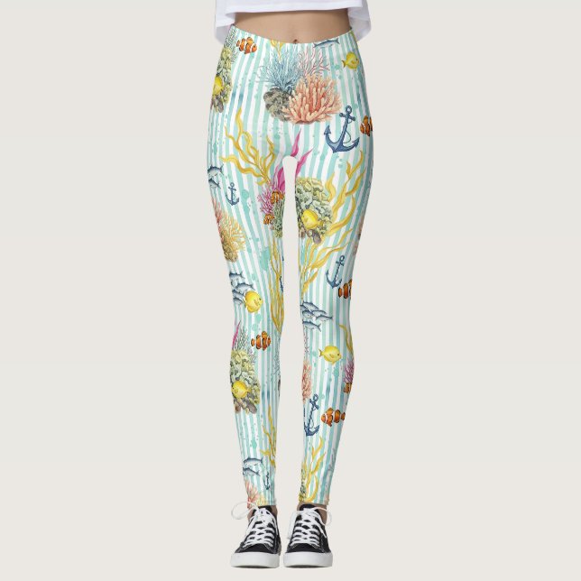 Colourful Coastal Sea Life Pattern (8) Leggings (Front)