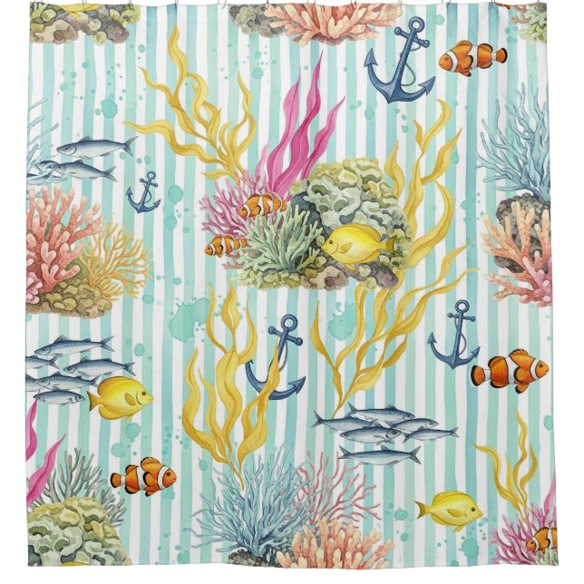 Colourful Coastal Sea Life Pattern (8) Shower Curtain (Front)